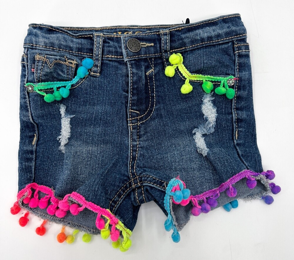 VIGOSS Shorts Baby Girls 3 Toddler Blue Denim Pom Ribbon Trim The Chelsea
